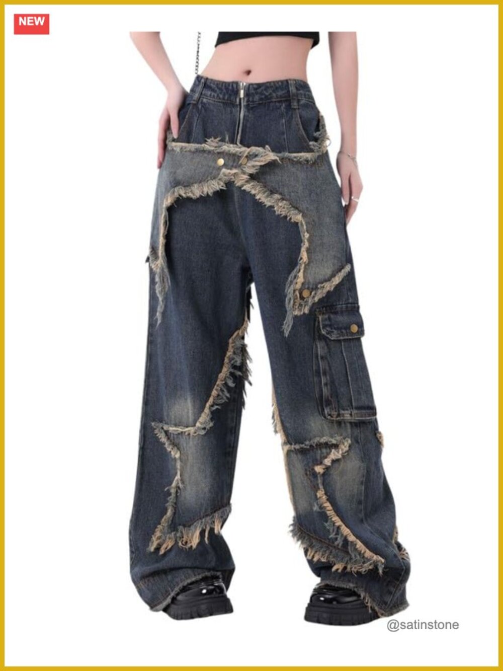 Distressed Patchwork High-Rise Wide Leg Baggy Jeans Y2K Streetwear